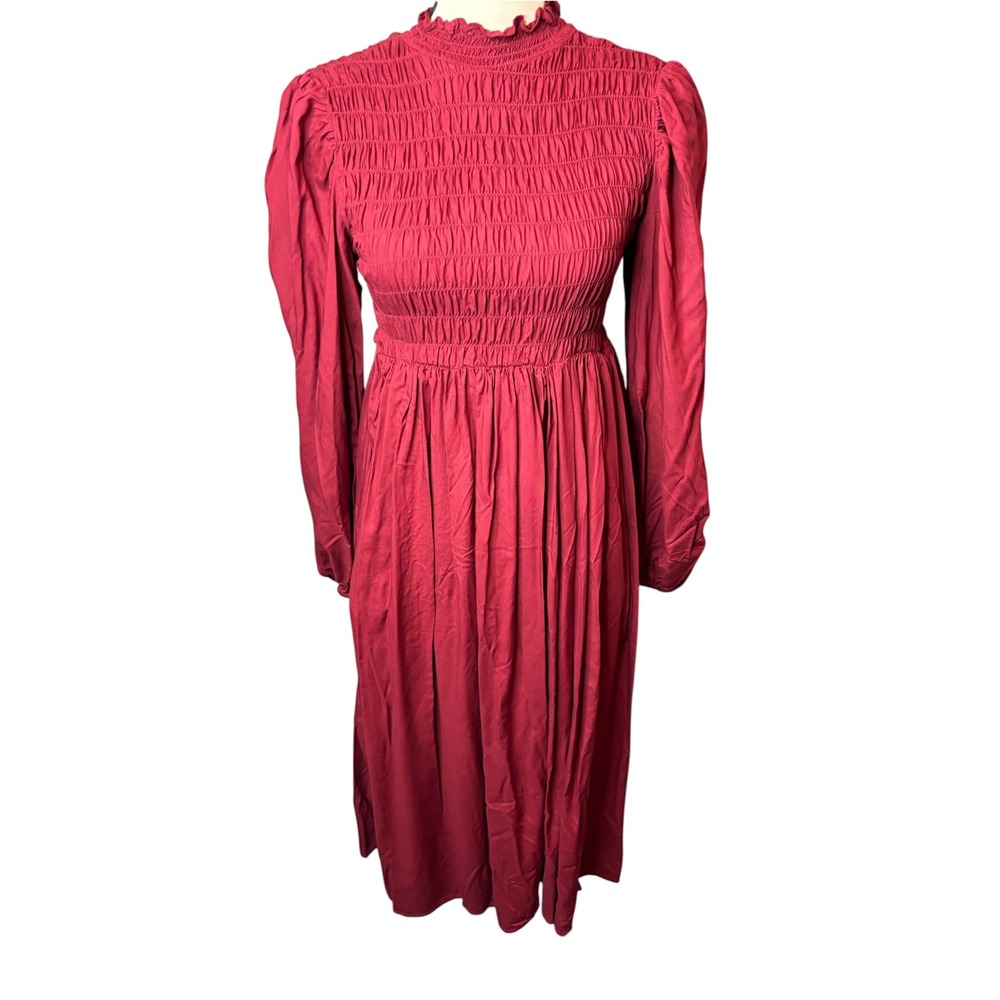 A New Day Smocked Midi Dress Burgundy Red Long Sleeve Ruffle Neck XS READ